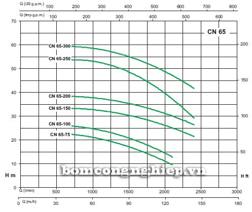Biểu đồ thông số lưu lượng cột áp của máy bơm công nghiệp Sealand CN 65-160B