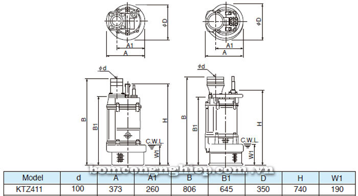 Bảng thông số chi tiết kích thước của bơm chìm Tsurumi KTZ 411