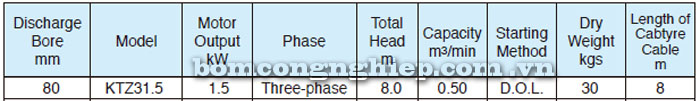Bảng thông số kỹ thuật chi tiết của bơm chìm Tsurumi KTZ 31.5