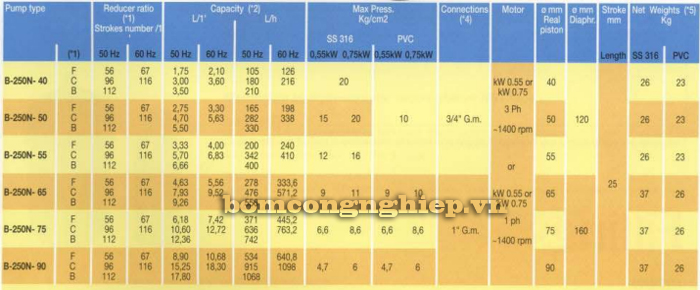 Bảng thông số kỹ thuật chi tiết của bơm định lượng Doseuro RB-B250N