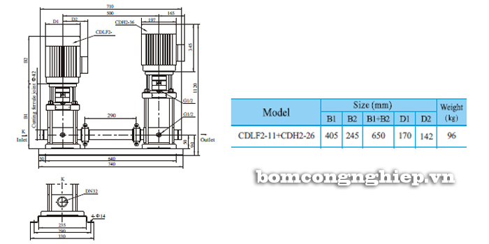 Bảng th&ocirc;ng số k&iacute;ch thước chi tiết của bơm trục đứng CNP CDLF 2-11