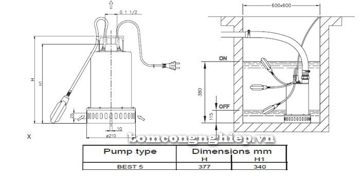 Bảng thông số chi tiết kích thước của máy bơm chìm nước thải Ebara BEST 5