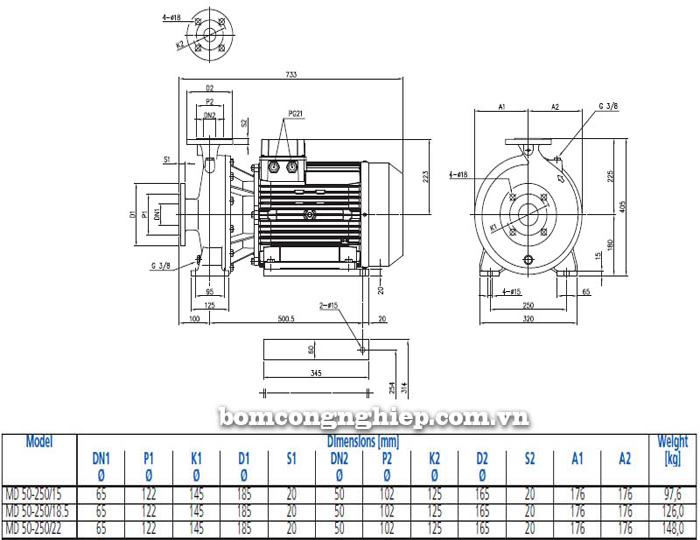Bảng thông số chi tiết kích thước của máy bơm công nghiệp ly tâm trục ngang Ebara MD 50-250
