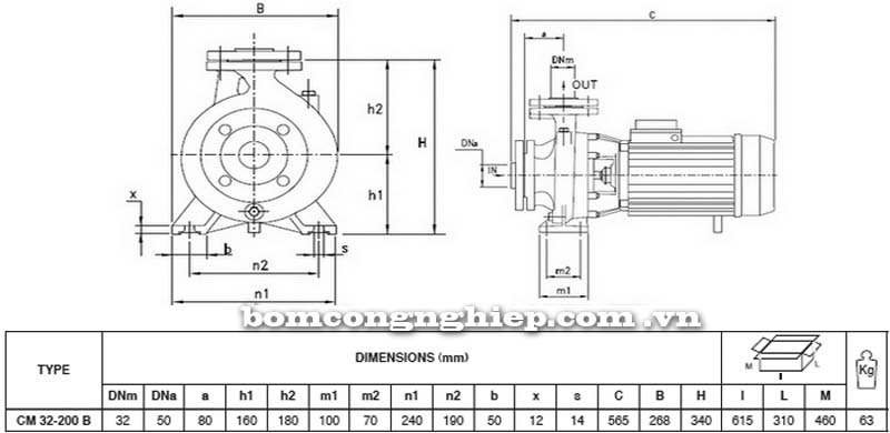 Bảng thông số chi tiết kích thước của máy bơm công nghiệp Pentax CM 32-200B