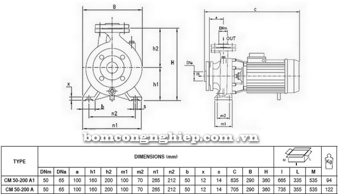 Bảng thông số chi tiết kích thước của máy bơm công nghiệp Pentax CM 50-200A