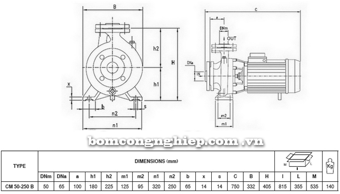 Bảng thông số chi tiết kích thước của máy bơm công nghiệp Pentax CM 50-250B