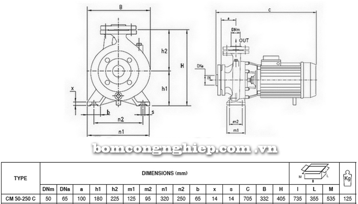Bảng thông số chi tiết kích thước của máy bơm công nghiệp Pentax CM 50-250C