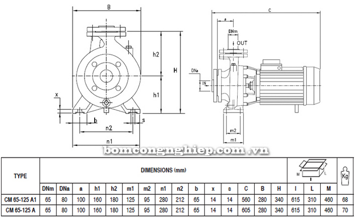 Bảng thông số chi tiết kích thước của máy bơm công nghiệp Pentax CM 65-125A