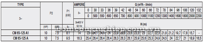Bảng thông số kỹ thuật chi tiết của máy bơm công nghiệp Pentax CM 65-125A