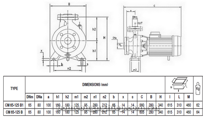Bảng thông số chi tiết kích thước của máy bơm công nghiệp Pentax CM 65-125B