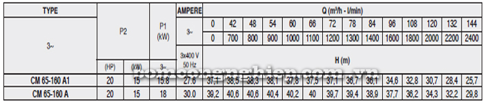 Bảng thông số kỹ thuật chi tiết của máy bơm công nghiệp Pentax CM 65-160A