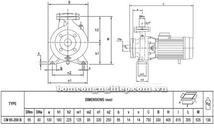 Bảng thông số chi tiết kích thước của máy bơm công nghiệp Pentax CM 65-200B