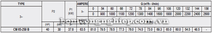 Bảng thông số kỹ thuật chi tiết của máy bơm công nghiệp Pentax CM 65-250B
