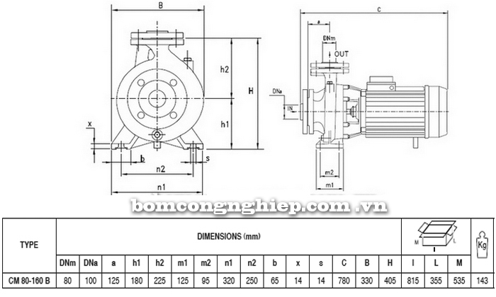 Bảng thông số chi tiết kích thước của máy bơm công nghiệp Pentax CM 80-160B