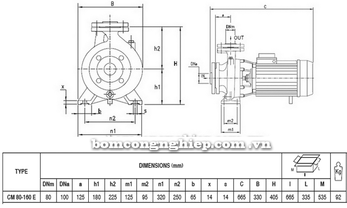 Bảng thông số chi tiết kích thước của máy bơm công nghiệp Pentax CM 80-160E