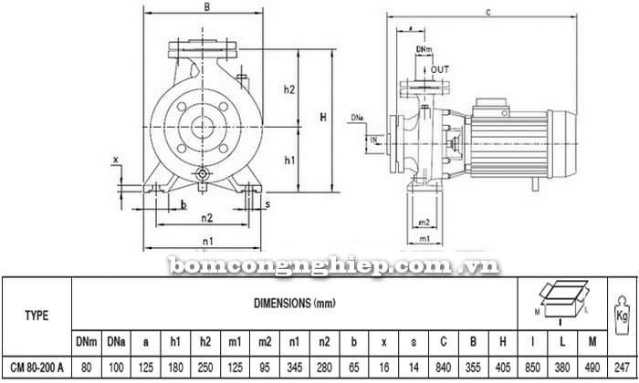 Bảng thông số chi tiết kích thước của máy bơm công nghiệp Pentax CM 80-200A