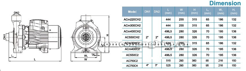 Bảng kích thước chi tiết của máy bơm ly tâm LEO ACm220C (H) 2