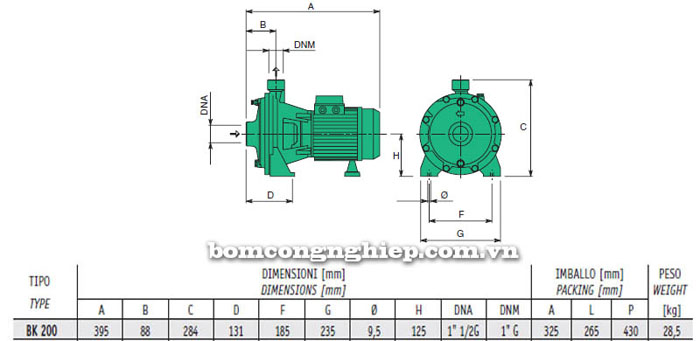 Bảng thông số chi tiết kích thước của máy bơm nước áp lực đẩy cao Sealand BK 200