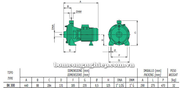 Bảng thông số chi tiết kích thước của máy bơm nước áp lực đẩy cao Sealand BK 300