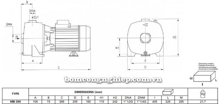 Bảng thông số chi tiết kích thước của máy bơm nước bán chân không Pentax MB-200