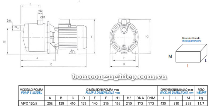 Bảng thông số chi tiết kích thước của máy bơm nước đầu Inox Matra MPX 120/5