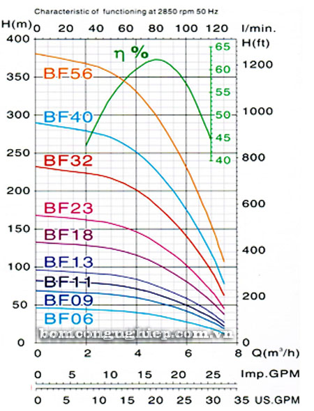 Biểu đồ lưu lượng cột áp của máy bơm nước giếng khoan Mastra R95-BF-13