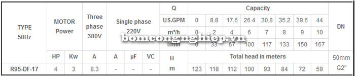 Bảng th&ocirc;ng số kỹ thuật chi tiết của m&aacute;y bơm nước giếng khoan Mastra R95-DF-17
