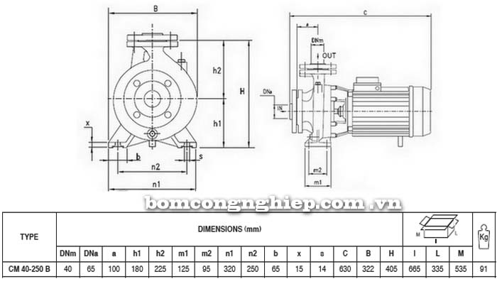 Bảng thông số chi tiết kích thước của máy bơm công nghiệp Pentax CM 40-250B