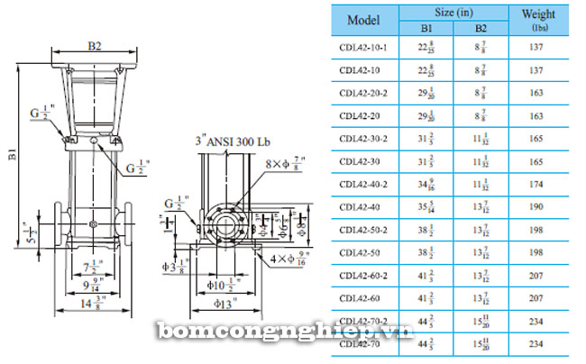 Bảng th&ocirc;ng số chi tiết k&iacute;ch thước của m&aacute;y bơm nước trục đứng CNP CDL42/CDLF42