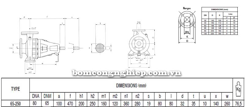 Bảng thông số chi tiết kích thước của máy bơm công nghiệp Pentax CA 65-250A