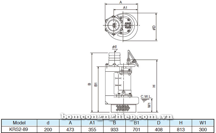 Bảng thông số chi tiết kích thước của máy bơm Tsurumi KRS 2-89